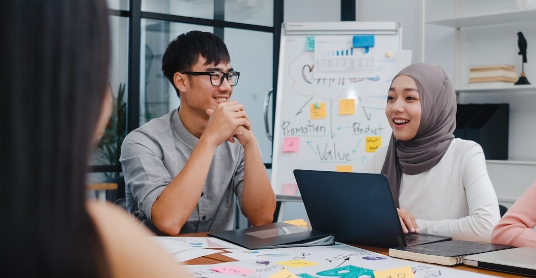 multiracial group young creative people smart casual wear discussing business brainstorming meeting ideas mobile application software design project modern office 7861 3067